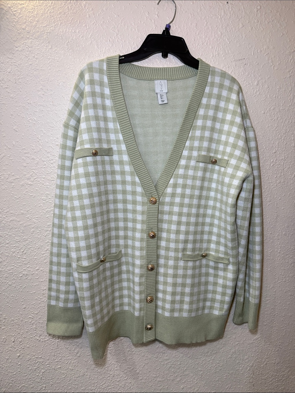 Joie Sage Green & White Gingham V-Neck Cardigan